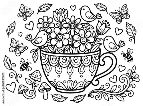 Floral tea cup coloring page with birds butterflies and bees nature scene butterfly coloring illustration.