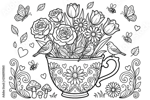 Detailed teacup bouquet coloring page with roses tulips birds and butterflies butterfly coloring illustration.