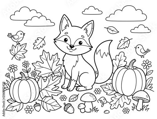 Cute autumn fox coloring page for kids with pumpkins leaves and birds line art illustration coloring children.