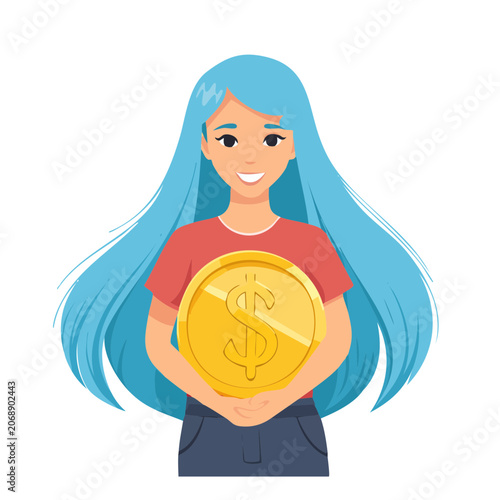 Woman holding large gold coin with dollar symbol