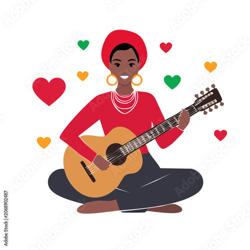 Woman playing acoustic guitar in flat vector style