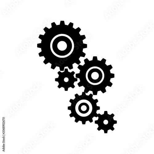 Cascading cluster of five mechanical cogwheels for teamwork and synergy concept