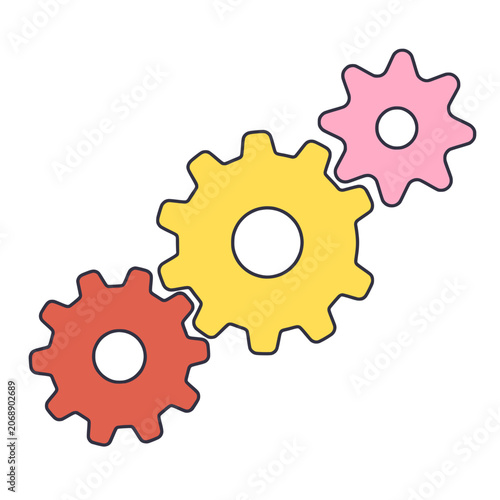 Three interlocking pastel gears flat vector illustration isolated on white background