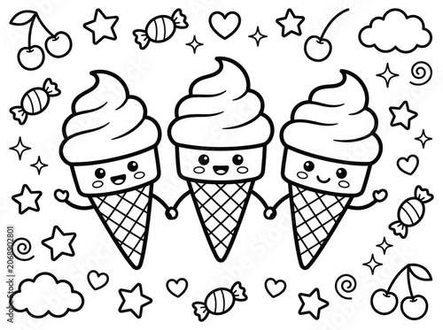 Three cute ice cream cones holding hands coloring page for kids with sweets and stars line art illustration.