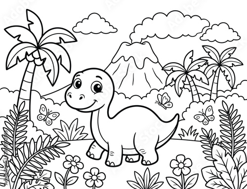 Cute baby dinosaur coloring page for kids with volcano and tropical jungle line art illustration, dinosaur.