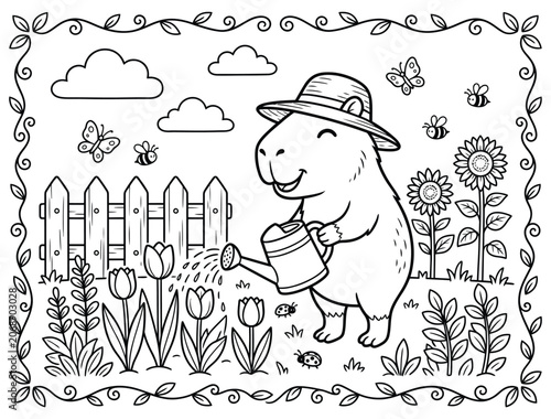 Cute capybara wearing hat watering flowers in garden coloring page vector line art illustration with capybara.