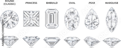 Illustration features various gemstones including Emerald, Oval, Pearl, and Marquise cut diamonds.