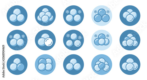 F (42) winter icons set with snowflakes and balls on blue circles background