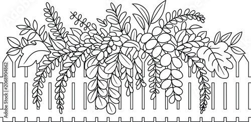 Photos Foliage and cascading leaves with a white picket fence decorative border element