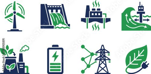 Fotografie Set of eco friendly energy production symbols wind hydro thermal power plant battery and leaf icons