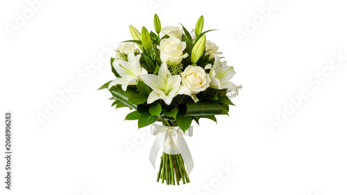 Fotografie Elegant white floral bouquet with greenery, beautifully arranged isolated on tra