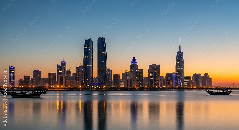 Obraz premium Modern city skyline at dusk with reflections on water