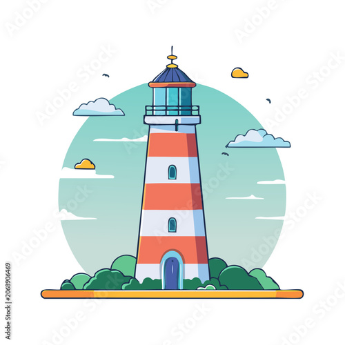 Flat illustration of a red and white lighthouse with sky background