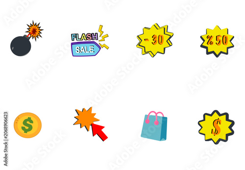 Flash Sale Shopping Icon Set with Discount Badges and Promotional Labels