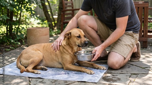 Dog Owner Offering Water In Shaded Patio During Peak Summer Heat