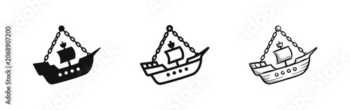 Εκτύπωση καμβά Pirate ship set, sail boat in sketch and silhouette style