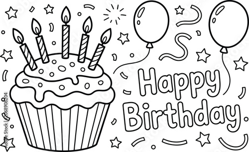 Bild auf Leinwand Happy birthday coloring page with a cupcake balloons and confetti birthday color
