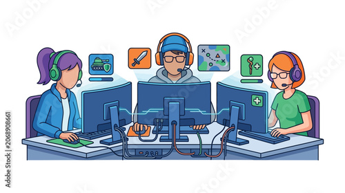 Three diverse gamers playing video games together on computers in a competitive team setting.