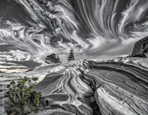 Swirling sky above striated rock formations with sparse desert vegetation