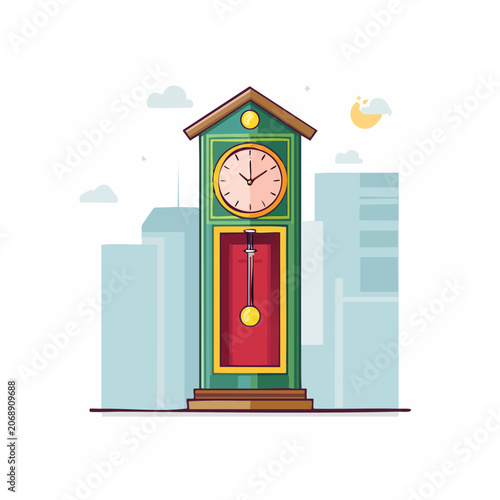 Flat design illustration of a vintage grandfather clock in a city