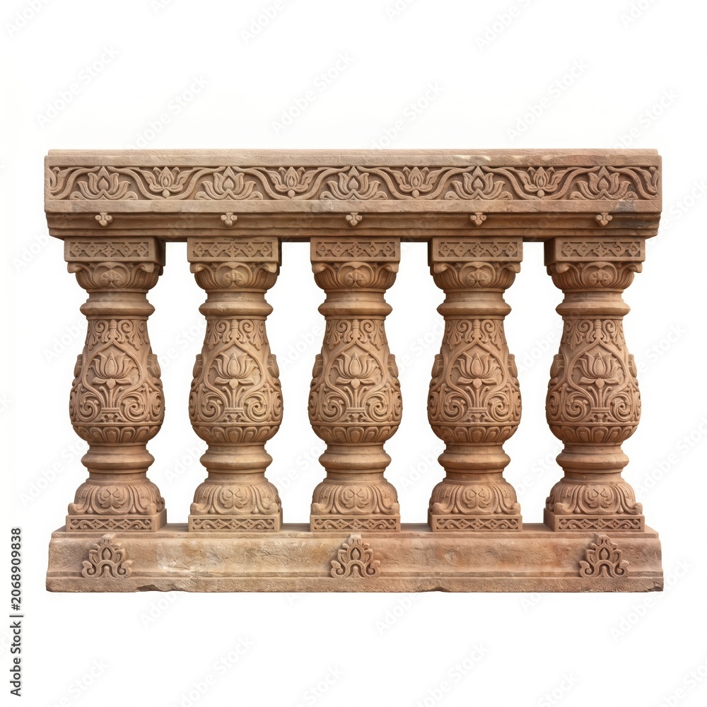 Fototapeta premium Decorative Stone Balustrade with Carved Spindle Columns Inspired by Traditional Indian Heritage Architecture and Palace Design Elements
