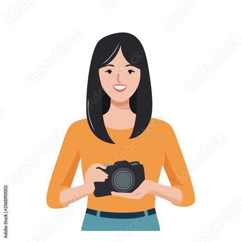 Woman holding camera flat vector illustration