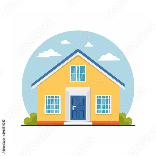 Yellow house with blue door and windows, flat design illustration