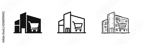 Konstfotografi Supermarket or shopping mall building icon set in glyph, outline, and sketch sty