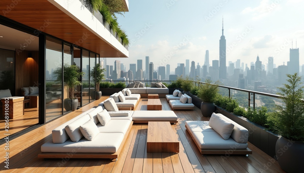 Obraz premium Spacious rooftop lounge with white sectional sofas, wooden tables offers panoramic city skyline views. Lush plants surrounds modern outdoor seating area, perfect for relaxation, entertaining guests.