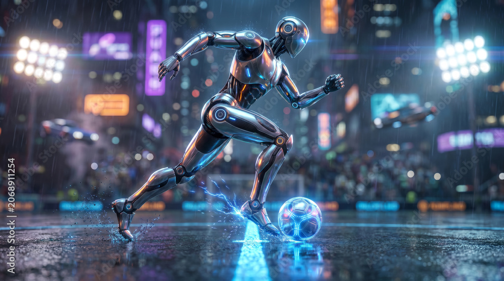Fototapeta premium Cyberpunk humanoid robot dribbling a glowing soccer ball on a rainy city street at night