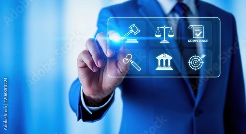 Businessman touching a digital interface with legal and compliance icons