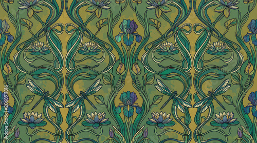 Art Nouveau floral pattern with dragonflies and water lilies.