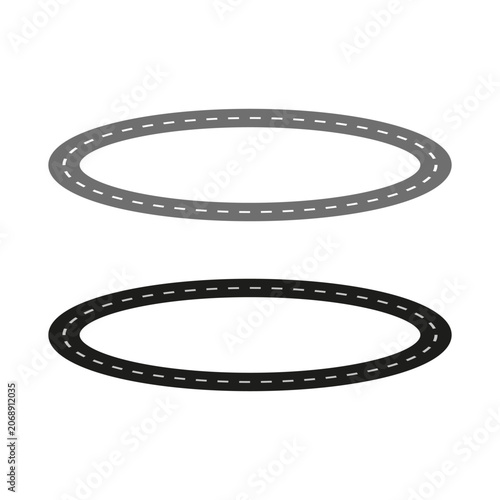 A set of modern flat design Vector oval roads, one gray and one dark, featuring dashed white lane markings on a white background.