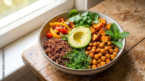 Delicious colorful Buddha bowl with quinoa, avocado, roasted vegetables