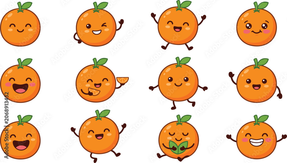Obraz premium Cute Kawaii Orange Fruit Vector Character Set Featuring Happy Cartoon Citrus Food Mascot Designs for Kids