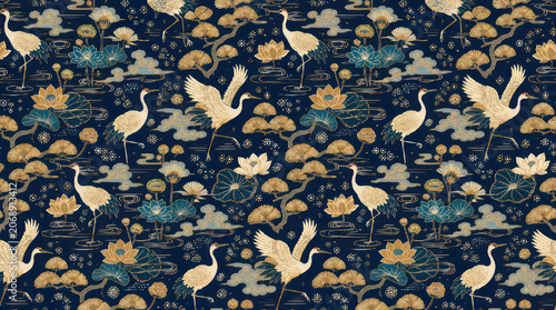 Elegant Cranes and Lotus Flowers Seamless Pattern 1.