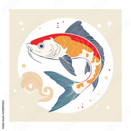 Stylized Koi Fish Illustration with Swirls and Stars