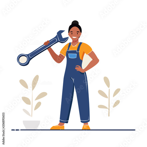 Woman holding wrench in overalls, flat vector illustration