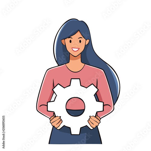 Woman holding large gear illustration