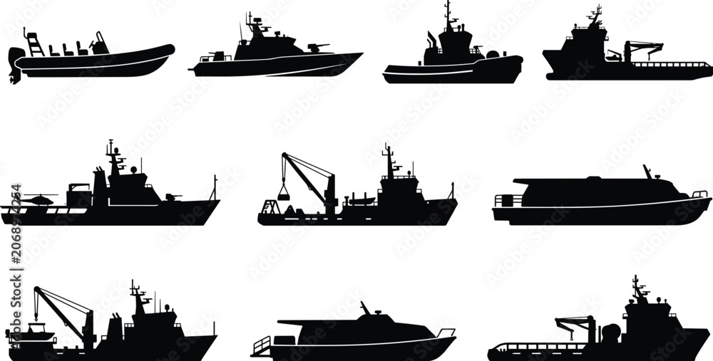 Fototapeta premium Commercial and Utility Workboat Silhouette Collection with Maritime Vessel Vector Set