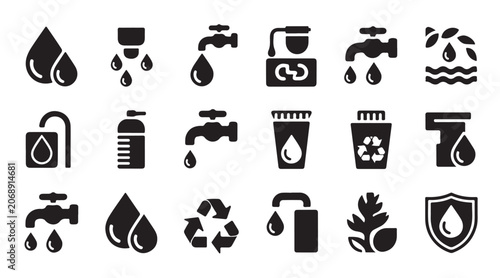 Fotografija Collection of water droplet and faucet icons representing purity and conservation on background