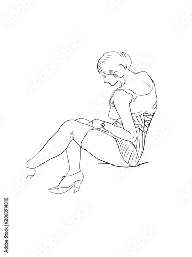 Line art illustration of a woman sitting and adjusting her stockings