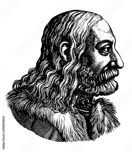 Engraving of a medieval man with long hair and beard