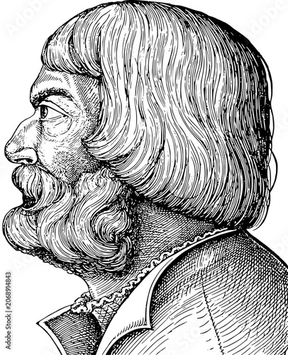 Engraving of a medieval man with a beard and long hair in profile view