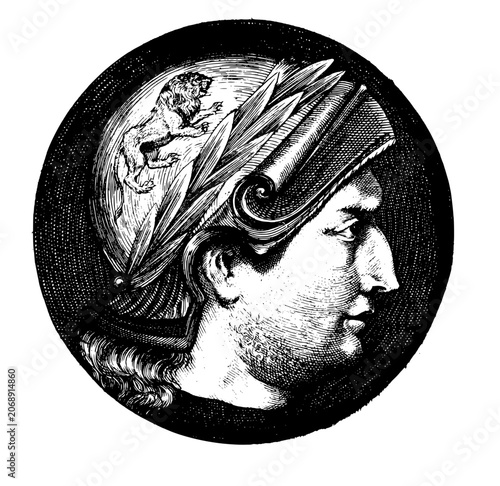 Engraving of a classical greek warrior wearing a helmet with a lion crest