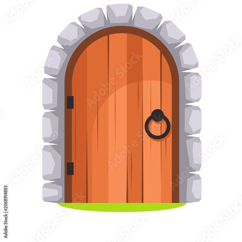 Cartoon wooden door with stone arch frame