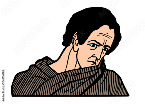 Illustration of a pensive man in a robe looking down