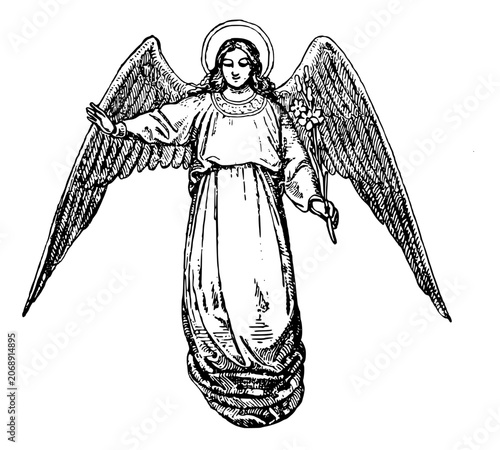 Vintage engraving of an angel with wings holding a lily flower