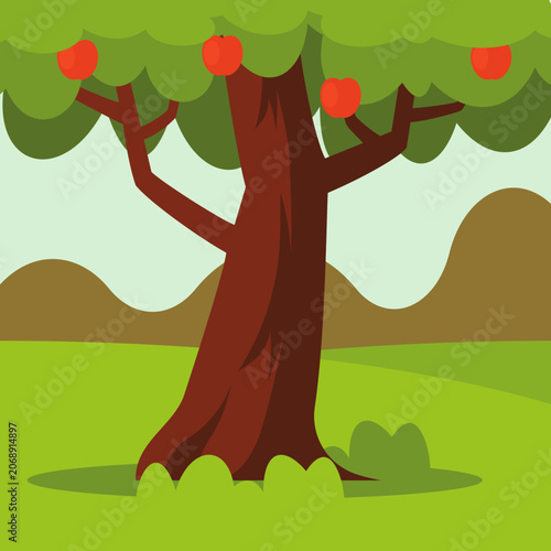 Cartoon apple tree with red fruits in a green field with hills background