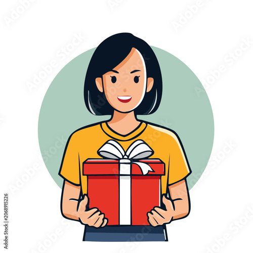 Woman holding red gift box with white ribbon